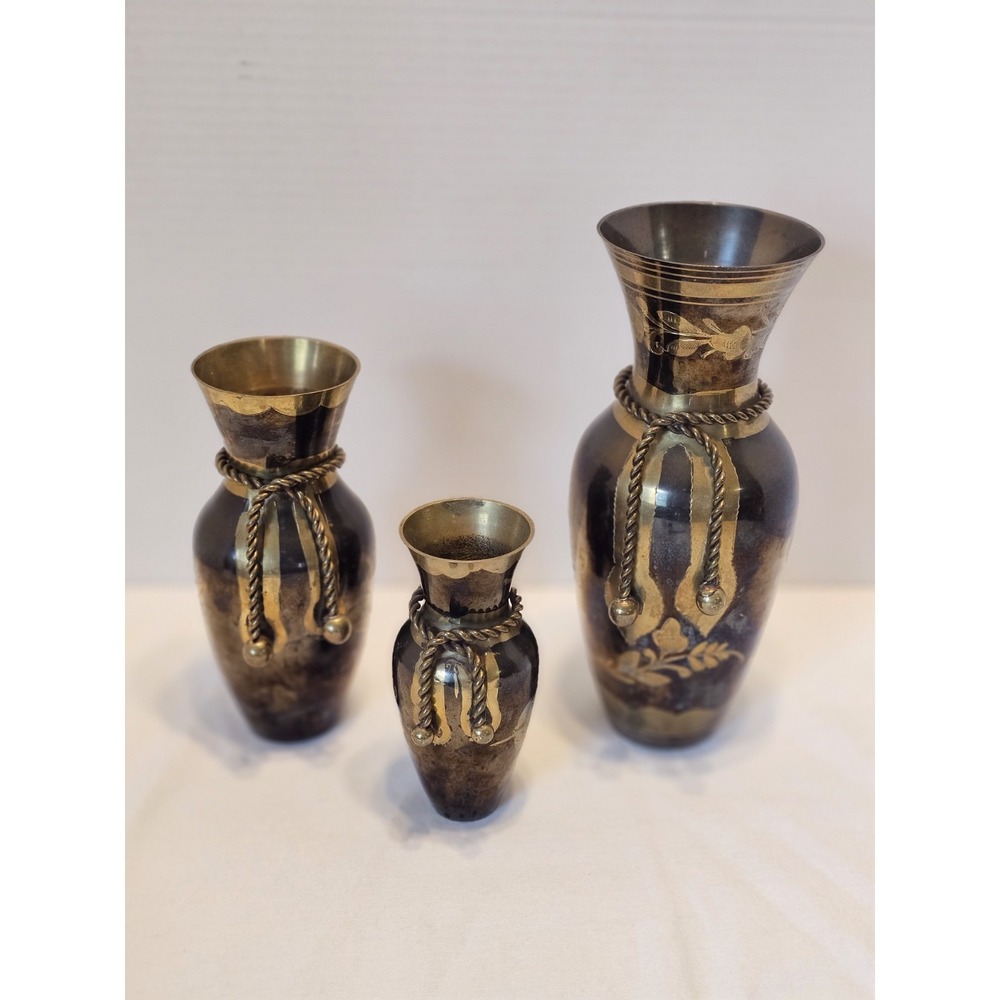 Vintage Brass Set Of 3 Black Enamel Finish Gold Tone Floral India